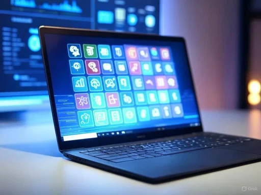 A laptop with a colorful grid of application icons on its screen, set in a tech-focused workspace.