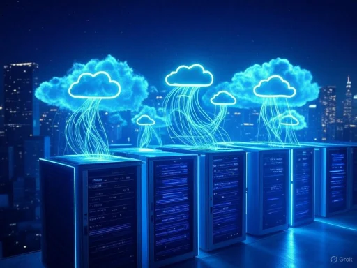 Digital clouds above server racks represent cloud computing in a futuristic cityscape.