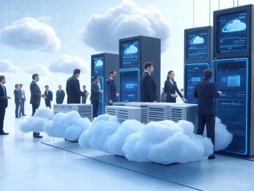 Businesspeople standing in line at cloud computing data servers with cloud graphics in a futuristic setting.
