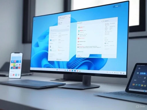 A modern workspace with a large monitor, smartphone, and tablet on a white desk.