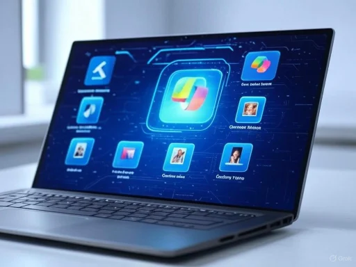 A laptop displays a futuristic digital interface with icons and images, suggesting a tech or AI-related application.