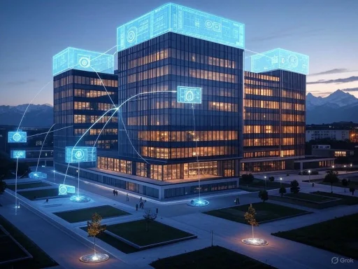 A modern office building with digital graphics illustrating smart technology and connected systems at dusk.