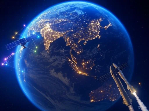 A rocket and satellite orbit Earth at night, highlighting illuminated continents and city lights.