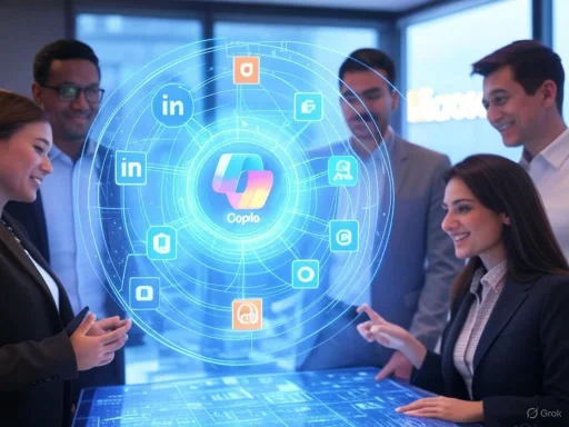 A diverse group of professionals interacting with a digital holographic interface featuring social media and network icons.