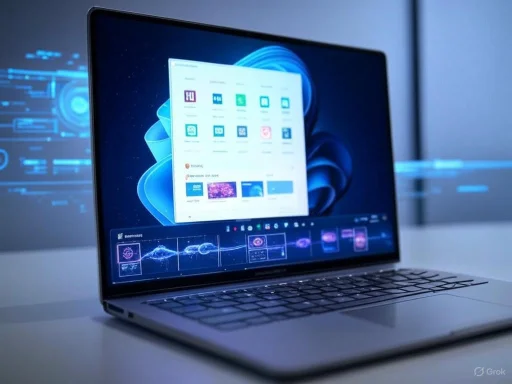 A laptop displaying a software interface with a dark-themed digital background and colorful app icons.