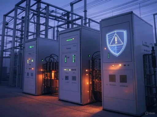 Outdoor electrical substation with warning shield symbol illuminated on a cabinet at dusk.