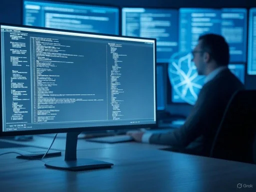 A cybersecurity analyst working on multiple monitors displaying code and network diagrams in a dark, high-tech control room. A cybersecurity analyst working on multiple monitors displaying code and network diagrams in a dark, high-tech control room.