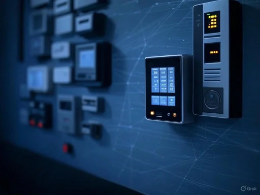 Close-up of a modern control panel with digital displays and electronic components on a tech-themed wall.