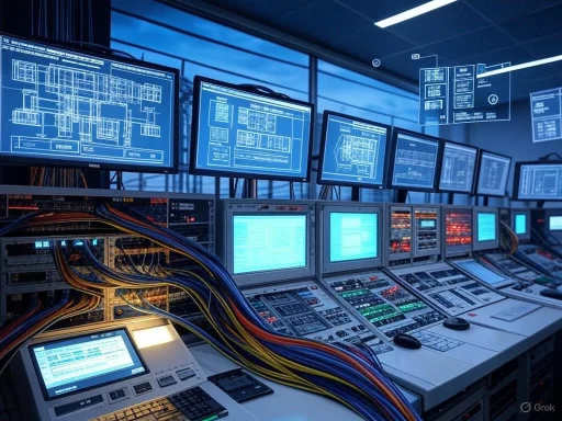 A control room with multiple monitors displaying circuit diagrams and data, connected by colorful cables.