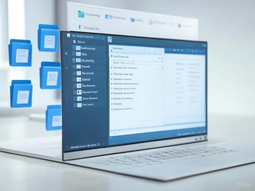 A laptop displays a digital file management system with floating blue folder icons nearby.