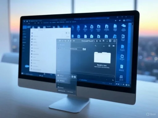 A desktop computer with multiple folders open on a dark-themed interface, set against a cityscape at sunset.