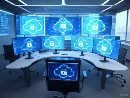 A high-tech security operations room with multiple monitors displaying cloud security and encryption icons.