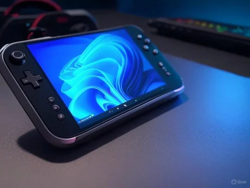 A handheld gaming device with a blue swirling abstract wallpaper on its screen, placed on a desk.