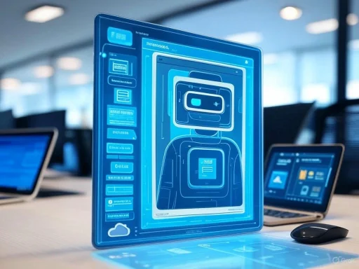 A futuristic digital interface displays a recursive image of a robot on a transparent screen in an office setting. A futuristic digital interface displays a recursive image of a robot on a transparent screen in an office setting.
