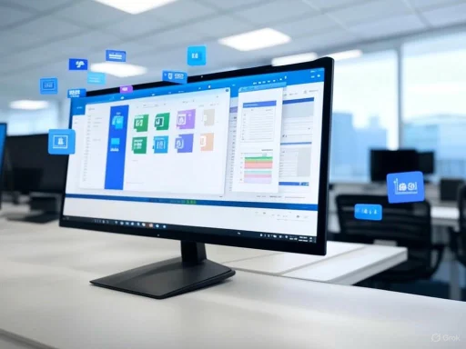 A computer monitor displays software with various colorful icons, set in a bright modern office environment.