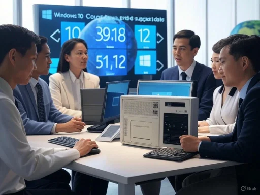 A professional meeting with a group of people discussing Windows 10 conference, seated around a table with computers and a presentation screen.