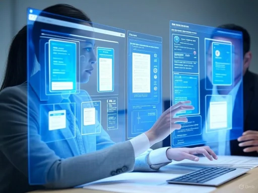 A person interacts with transparent digital screens displaying data and documents in a modern workspace setting.