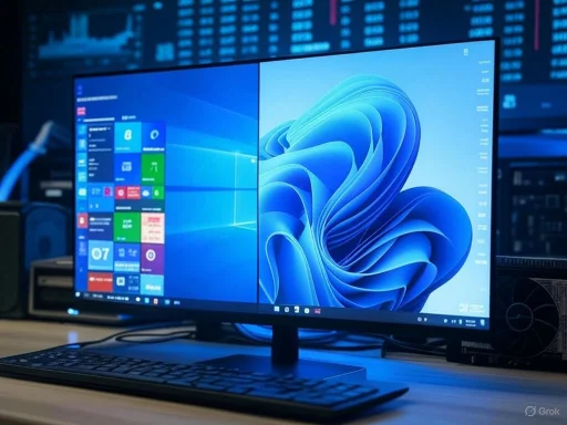 A desktop computer with a large monitor displaying the Windows 11 desktop, set in a tech workspace with data charts in the background.