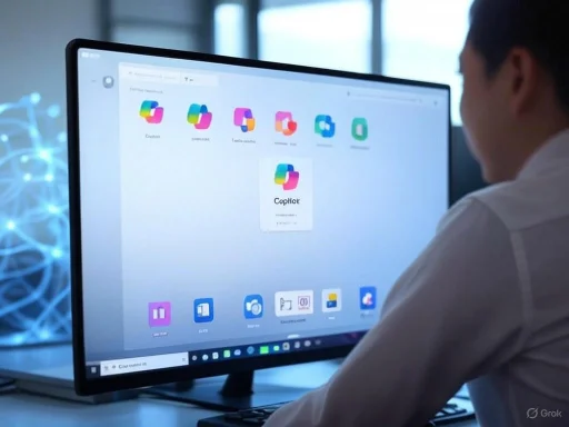 A person working at a computer, viewing various colorful app icons on the screen in a modern office setting.
