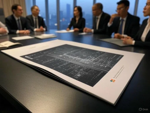 Business professionals attend a meeting, focusing on a blueprint or technical document on the table.