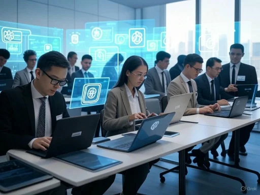 Business professionals attend a conference in a high-tech, digital-focused environment with holographic displays.