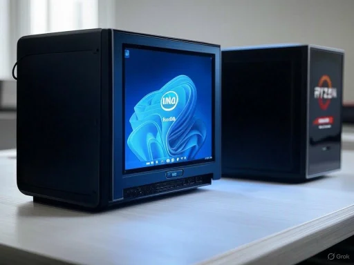 A small desktop computer with a built-in monitor displaying a blue abstract background, placed on a light-colored table. A small desktop computer with a built-in monitor displaying a blue abstract background, placed on a light-colored table.