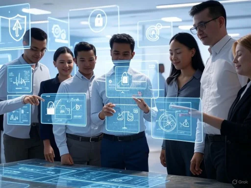 A diverse group of professionals interacting with virtual security and technology icons in a futuristic workspace.