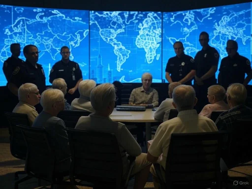Senior individuals attend a meeting with security personnel in front of a digital world map display.