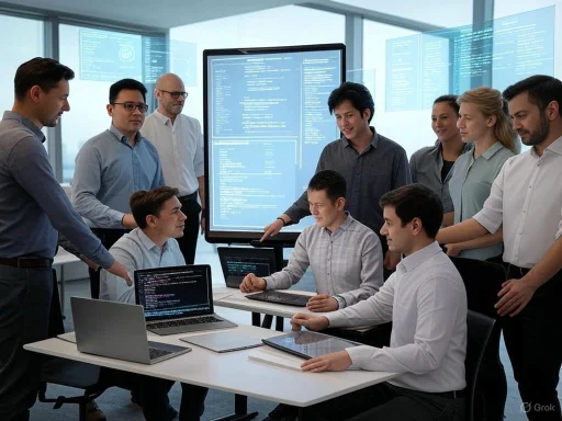 Team of developers collaborates on coding projects in a modern tech office with digital screens displaying code.