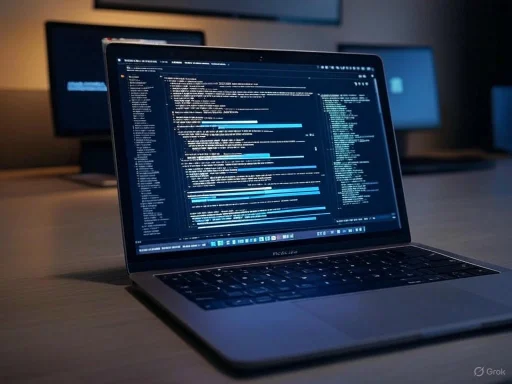 A laptop displays code in a dark-themed programming environment on a desk in a dimly lit room.