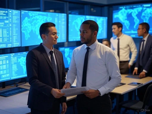 Two professionals shake hands in a high-tech control room with multiple monitors displaying world maps and data.