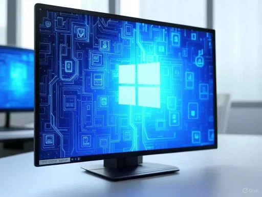 A computer monitor displays a digital blue circuit pattern with a glowing Windows logo at the center.