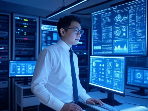 A man in a white shirt and glasses analyzing data on large blue-lit screens in a high-tech control room.