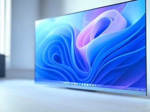 A sleek, modern laptop with a vibrant, abstract blue and purple wallpaper on the screen.