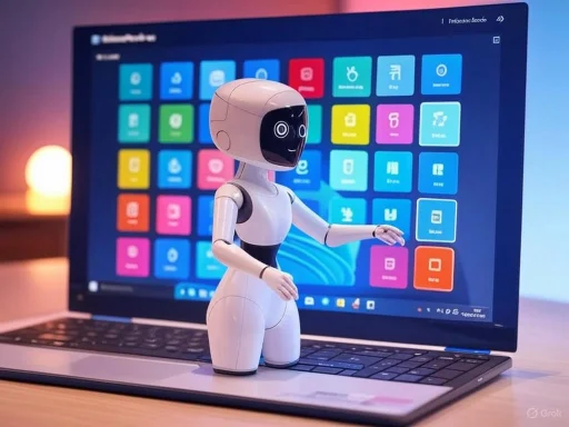 A humanoid robot stands in front of a laptop with colorful app icons on the screen.