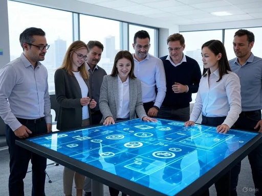 A diverse group of professionals is gathered around a high-tech, digital table displaying a virtual interface in a modern office.