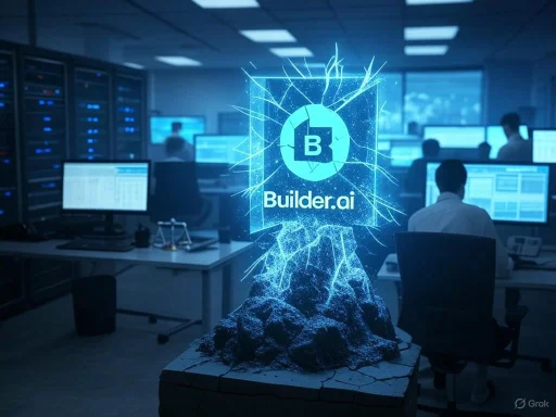 A digital explosion reveals the Builder.ai logo in a high-tech office environment with multiple computer screens.