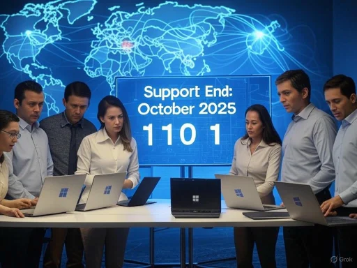 A team of professionals watches a presentation on network support for October 2025, with laptops and a digital world map backdrop.