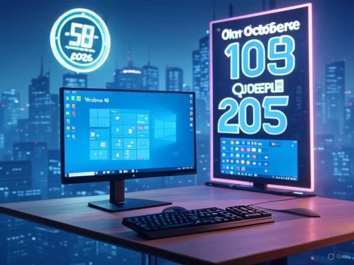A modern computer workspace in a cityscape background with illuminated digital signs displaying date and numerical data. A modern computer workspace in a cityscape background with illuminated digital signs displaying date and numerical data.