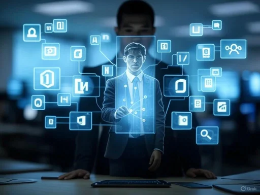 A man interacts with a holographic digital interface featuring various icons and symbols, suggesting advanced technology or data management.