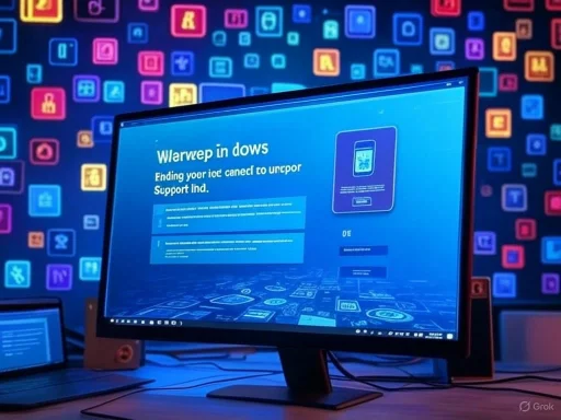 A computer screen displays error or update message against a colorful background of digital icons and symbols.