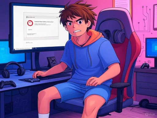 A young person sits angrily at a gaming setup in a vibrant, tech-themed room with multiple monitors and gaming accessories.