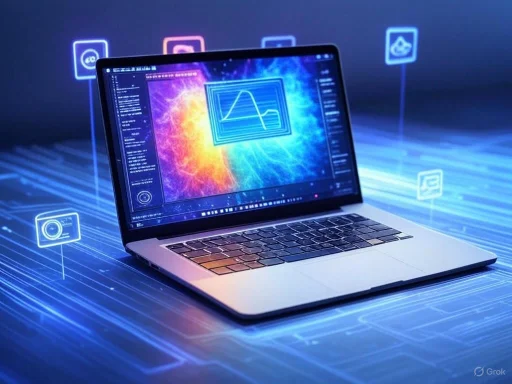 A laptop displaying data analysis with digital icons and colorful visuals, representing technology and data processing.