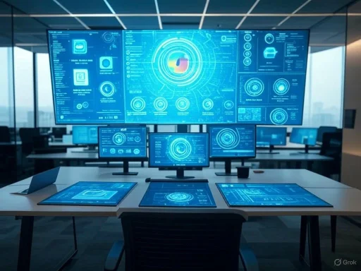 A control room with multiple monitors displaying futuristic digital interfaces in a high-tech, modern office setting.