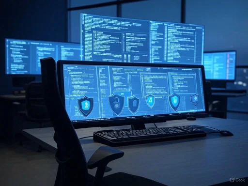 Multiple computer screens displaying cybersecurity software and code in a dark, high-tech office setting.