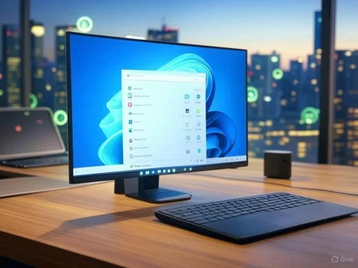A modern office desk with a computer monitor, keyboard, and a small speaker against a cityscape window at dusk.