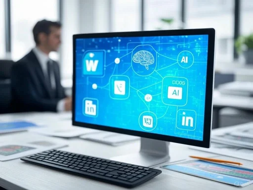 A computer monitor displays AI and brain-related graphics linked with social media icons in an office setting. A computer monitor displays AI and brain-related graphics linked with social media icons in an office setting.