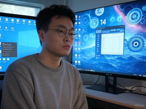 A young man with glasses sits in front of multiple computer screens displaying digital data and a space-themed background.