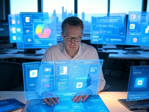 A man analyzes data on futuristic, holographic screens in a high-tech control room. A man analyzes data on futuristic, holographic screens in a high-tech control room.