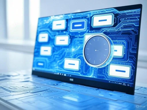 A futuristic digital interface with circuit patterns and a clock displayed on a screen.
